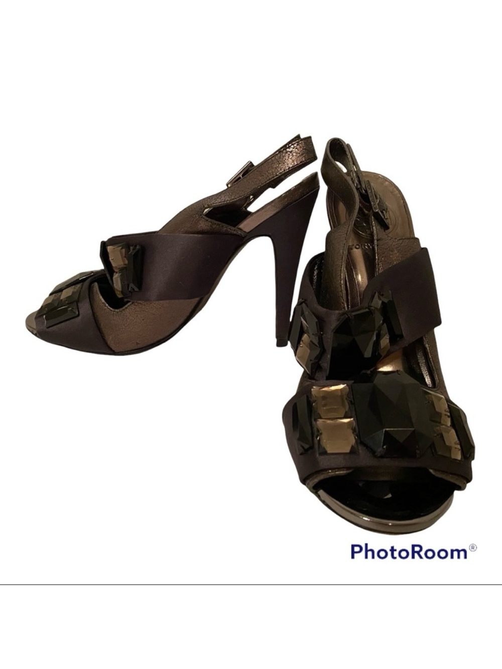 TORY BURCH SHOES HIGH HEELS SILVER LEATHER BLACK GEMS BUCKLE STRAP SIZE 6 M